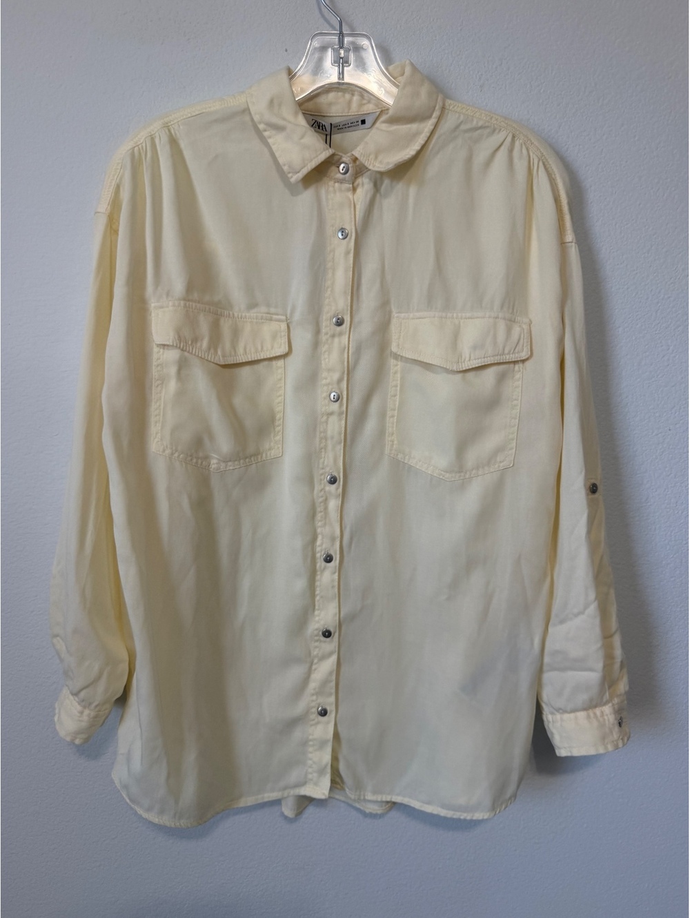 ZARA NWT Long Sleeve Button Up "Butter Yellow" Semi-Sheer Shirt Women's Size S